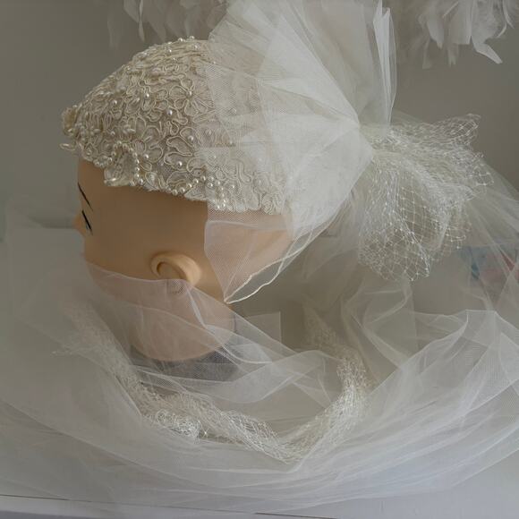 Vintage Faux Pearl Beaded Bridal Wedding Veil Juliet Cap Lace Tulle Bow Romantic main image 10